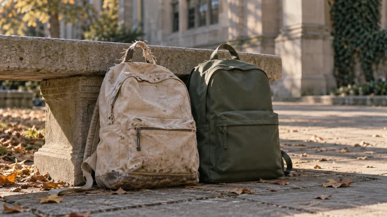 Dos mochilas apoyadas en un banco de piedra frente a un edificio de facultad.