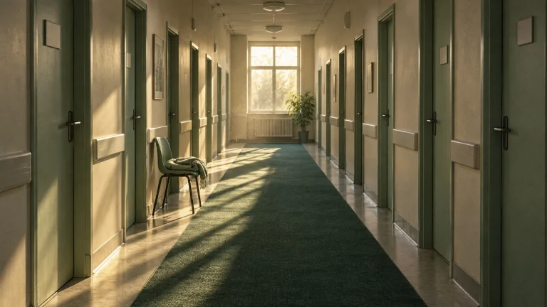 Pasillo de consultas externas con puertas cerradas a los lados y una ventana al fondo