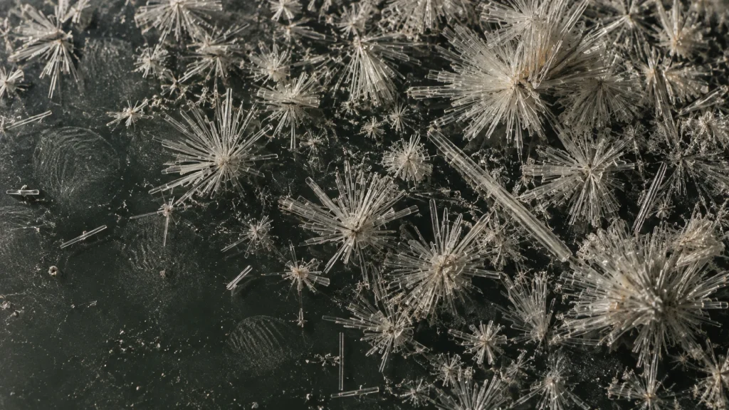 Cristales de un compuesto en forma de agujas radiadas sobre una superficie oscura, vistos de cerca