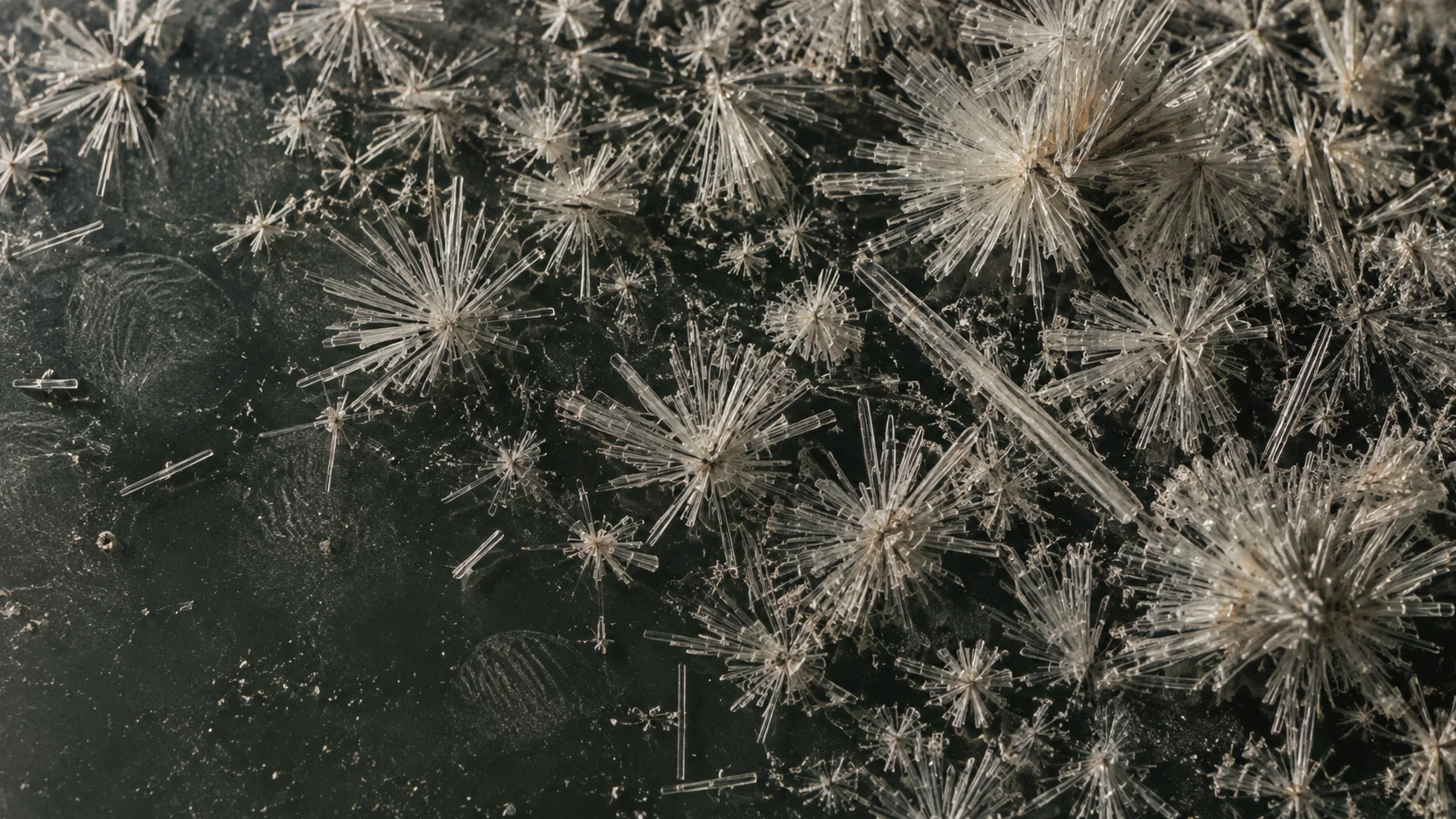 Cristales de un compuesto en forma de agujas radiadas sobre una superficie oscura, vistos de cerca