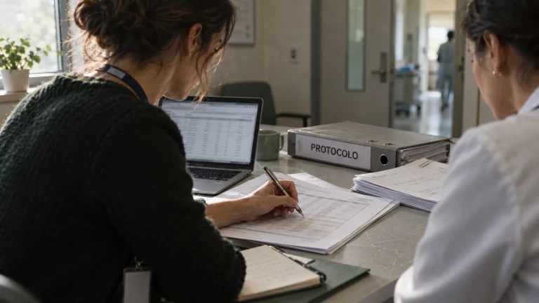 Un monitor de ensayos clínicos revisa una historia clínica en papel junto a una médica, con un archivador rotulado Protocolo sobre la mesa.
