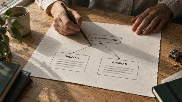 Esquema impreso de un ensayo clínico aleatorizado: una caja de aleatorización que se divide en grupo A y grupo B.