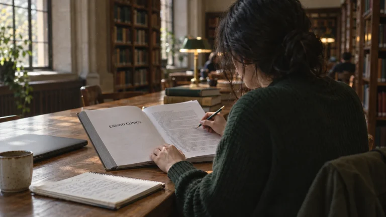 Una estudiante de máster lee un protocolo de ensayo clínico en una biblioteca universitaria.