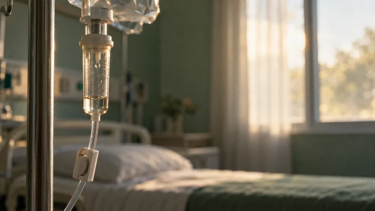 Cámara de goteo de un equipo de suero con una gota cayendo, en una habitación de hospital con luz de ventana.