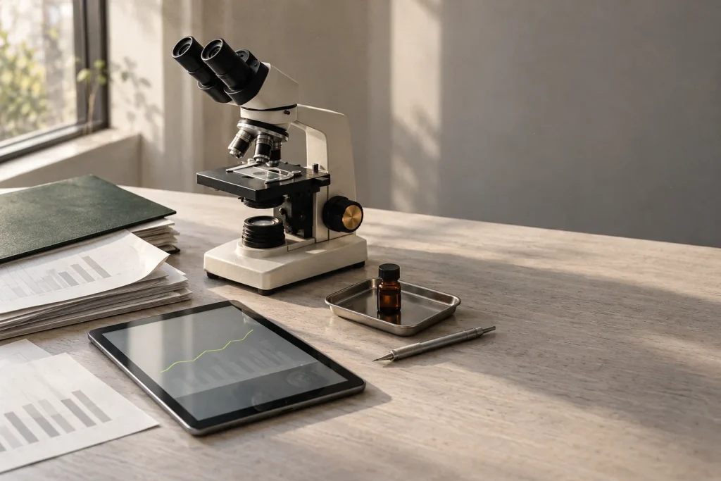 Escritorio con un microscopio de sobremesa, informes cientu00edficos impresos, una tablet con un gru00e1fico y un vial u00e1mbar bajo la luz de una ventana
