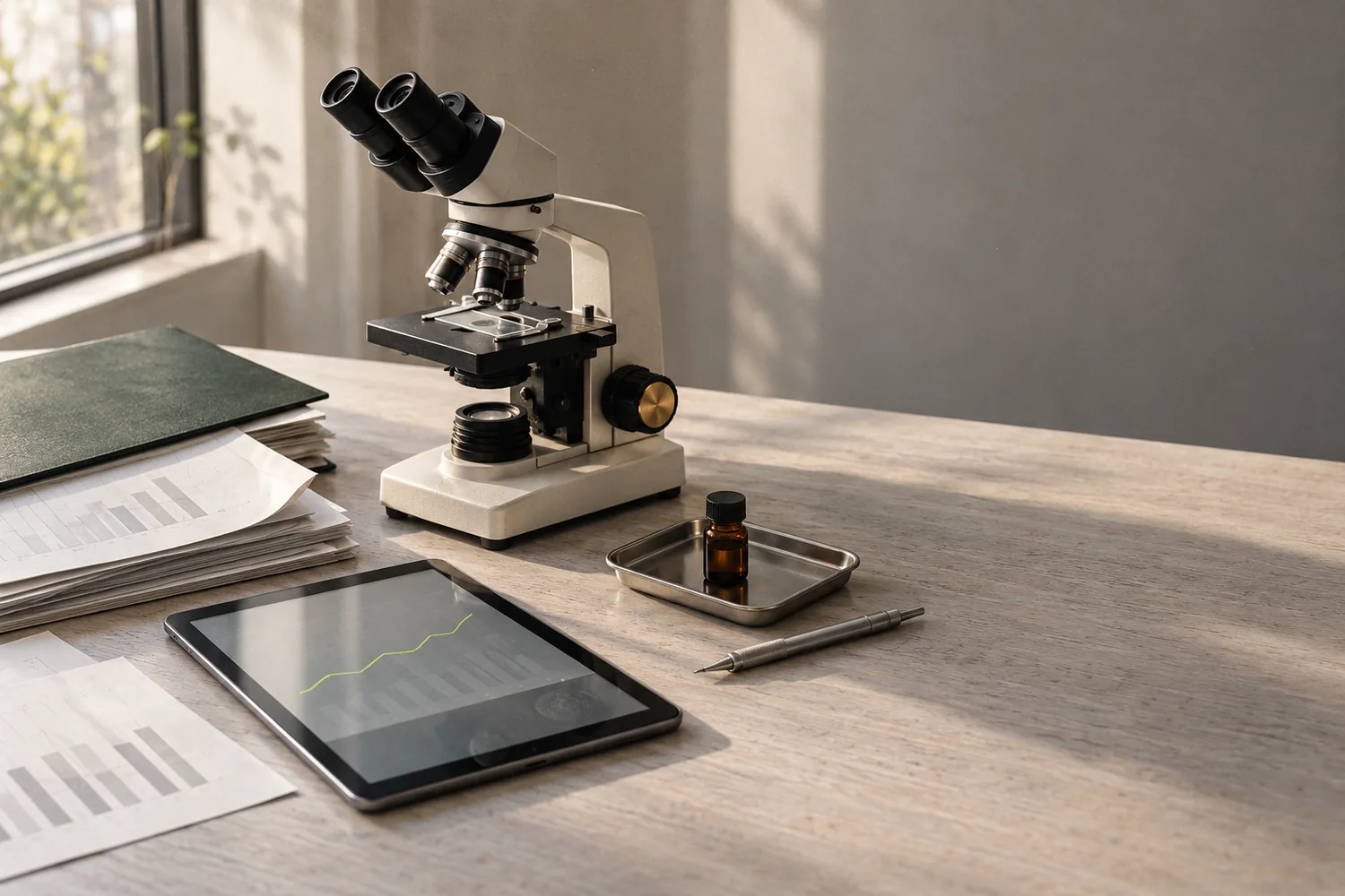 Escritorio con un microscopio de sobremesa, informes cientu00edficos impresos, una tablet con un gru00e1fico y un vial u00e1mbar bajo la luz de una ventana